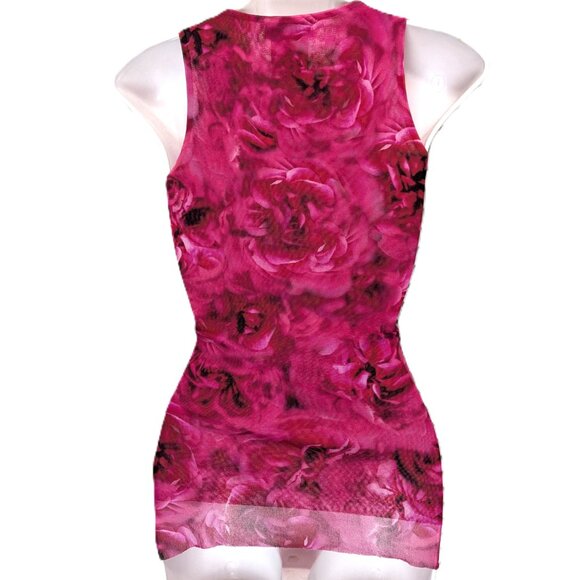 FUZZI Italy Bodycon Mesh Sleeveless Top Small Rose Print Faux Wrap Red Pink - Picture 6 of 16